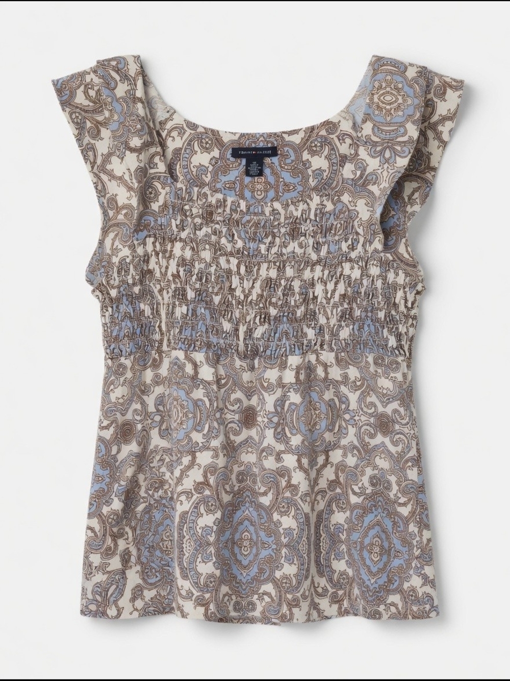 Size M Tommy Hilfiger Cream Paisley Smocked Tank with Blue & Brown Accents